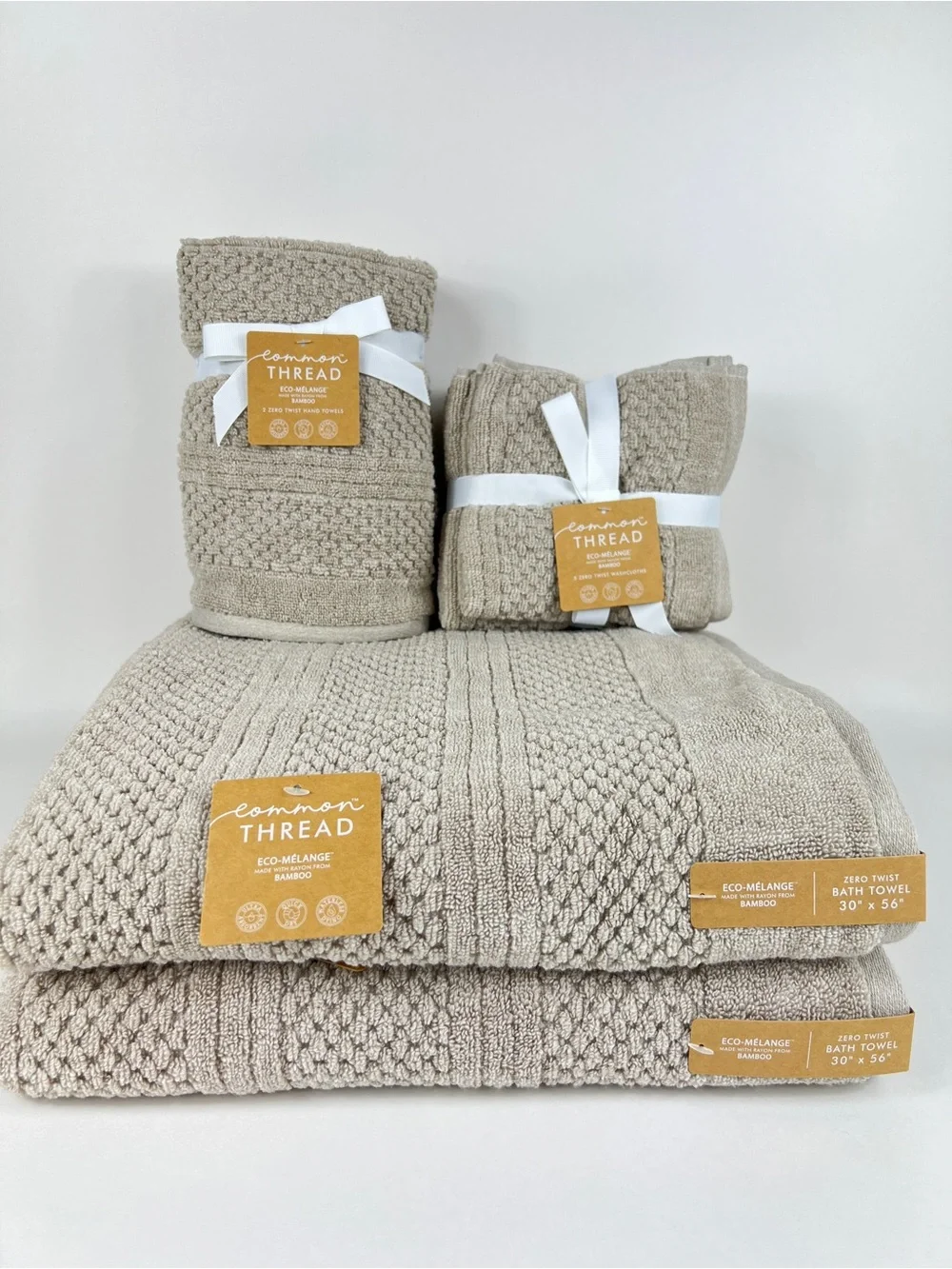 Common Thread Bath Towel Set Bamboo Eco Melange Tan Zero Twist Cotton 9 Pc NEW